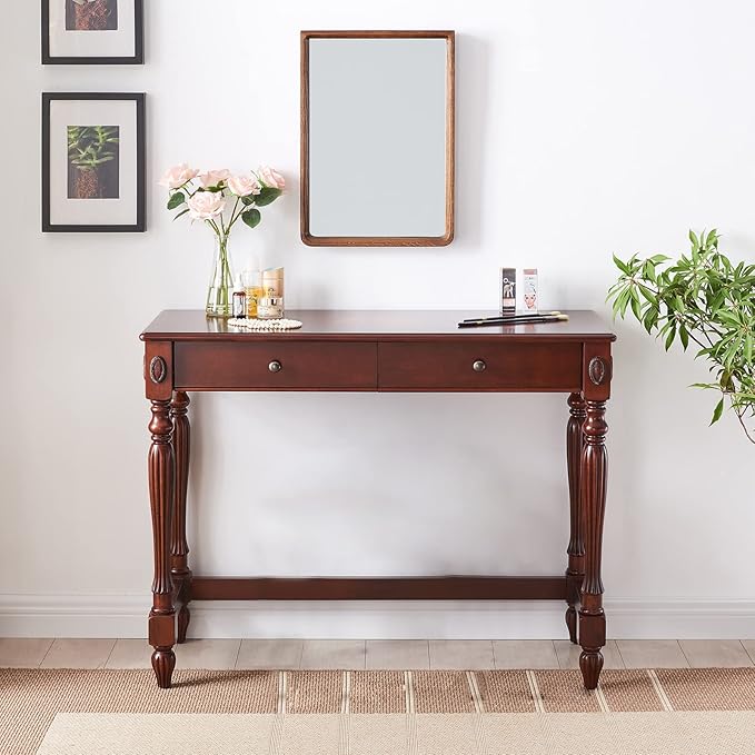 Solid Wood Computer Writing Desk with 2 Big Drawers 39.4 Wide Home Office Desk Workstation Small Rustic Study Table Furniture in Cherry for Home Office Bedroom Living Room SSZ-1533WD