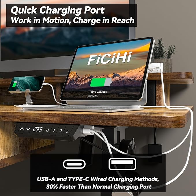FiCiHi Adjustable Height Standing Desk with 4 Drawers63 x 30 inches Electric Sit Stand Home Office Desk with Two Tiers 3 Memory Presets Monitor Stand Riser USB A/C Charging Port