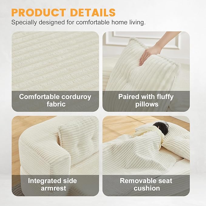 78.4 Convertible Sleeper Sofa Bed Floor Couch Loveseat with Functional Blanket and 2 Soft PillowsCorduroy Fabric Boneless Futon Couch for Living RoomBedroomApartment(Beige)