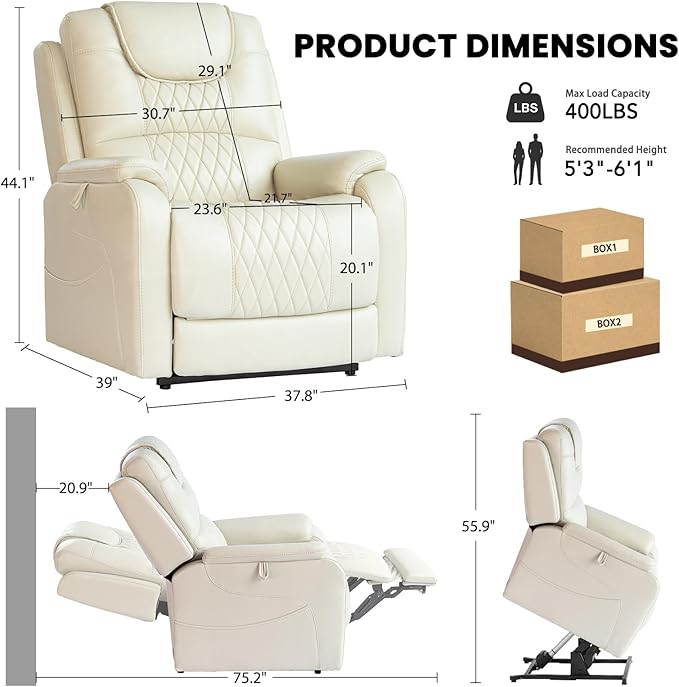 EONIX Triple Motor Lay Flat Power Lift Recliner Chair for Elderly with Massage 400lbs Electirc Lift Chair for Living Room Independent Adjustable Backrest Headrest Extended Footrest Cream White
