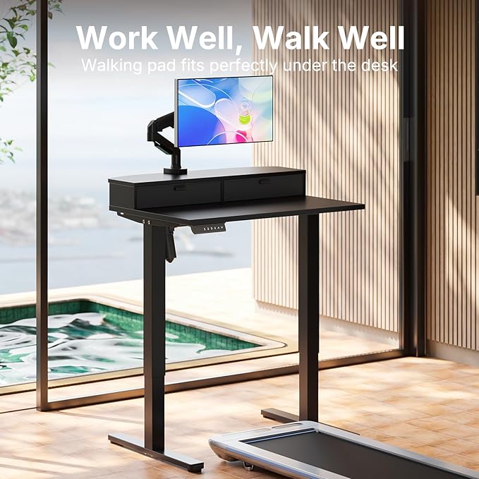 HUANUO 32 x 21 inch Small Electric Standing Desk with 2 Drawers C-Clamp Mount Compatible Height Adjustable Sit Stand Desk Home Office Stand Up Desk with 4 Memory Height Settings Black