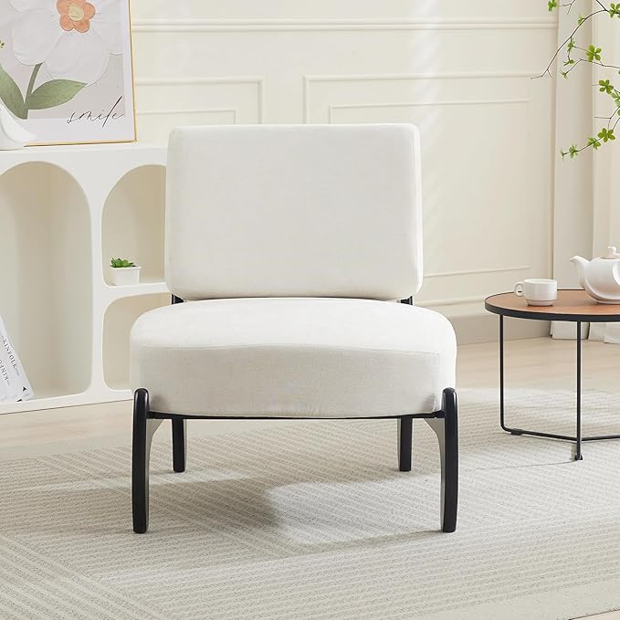 Qulomvs Modern Accent Chair Mid Century Accent Chair with Wooden Frame Upholstered Comfy Reading Chair Armless Side Sofa Chair for Living Room Bedroom (White Fabric)