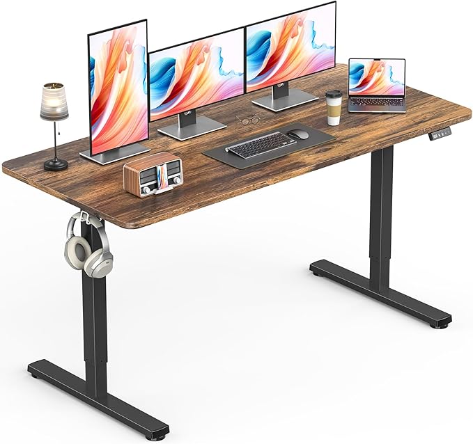 Standing Desk Height Adjustable Electric Stand up Desk 55 x 24 Inches Sit Stand Home Office Desk with Splice Board Black Frame/Rustic Brown Top