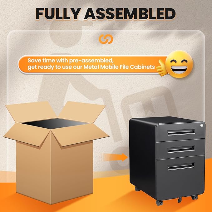 3 Drawer File Cabinet Fully Assembled Mobile File Cabinets with Lock for Home Office Metal Rolling Filing Caninet on Wheels Three Drawer Under Desk Cabnet for Letter/Legal / A4 - Black