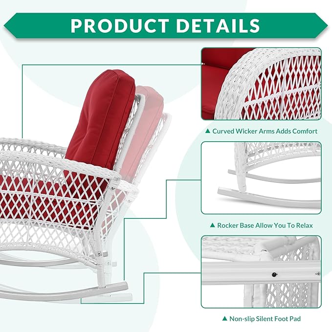 VIVIJASON Outdoor Wicker Rocking Chair Patio Rattan Rocker Chair with Cushions &amp Steel Frame All-Weather Rocking Lawn Rattan Furniture for Garden Backyard Porch (White Wicker/Red)