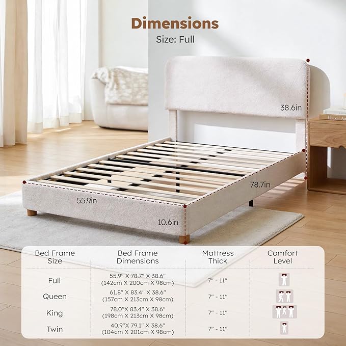 Full Size Cloud Bed Frame Upholstered Boucle Bed Frame with Adjustable Headboard Solid Wood Legs Rounded Corners Design &amp Easy Assembly – Modern Platform BedCream