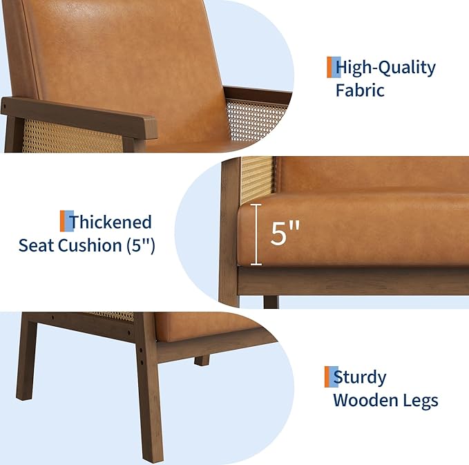GAOMON PU Leather Accent Chair Rattan Armchair with Wooden Armrest and Legs Modern Lounge Chair for Living Room/Bedroom/Reading Room/Waiting Room Brown