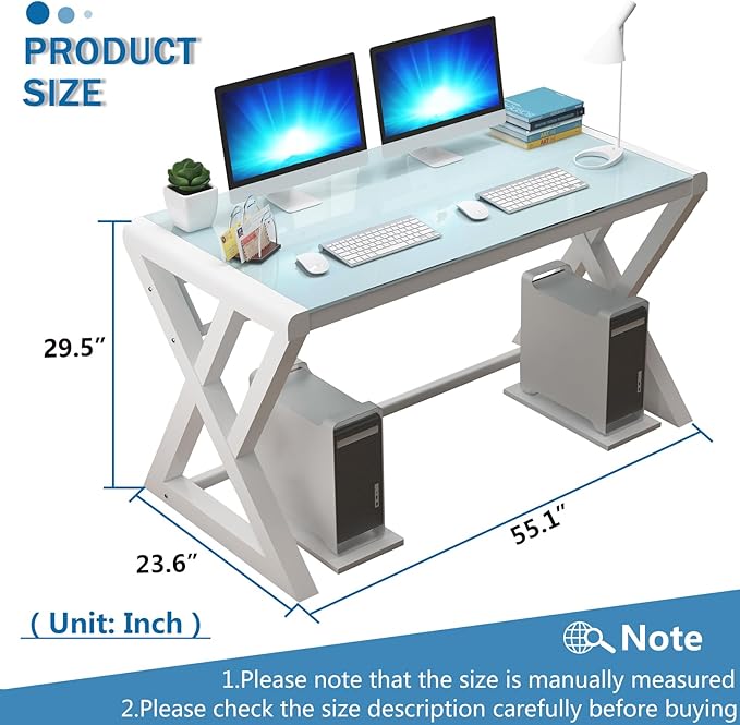 IPKIG Tempered Glass Computer Desk Modern Study Office Desk with Metal Frame and Glass Top Writing Study Desk Table Gaming Desk for Home Office Workstation (White 55.1 Inch)