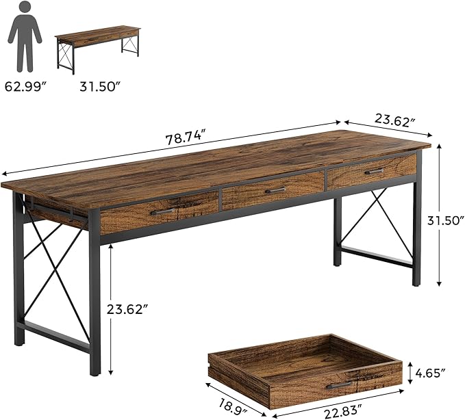 78.7 inch Extra Long Computer Desk with 3 Drawers Two Person Office Desk Double Desk with Hooks Industrial Writing Study Table Workstation for Home Office Vintage Brown