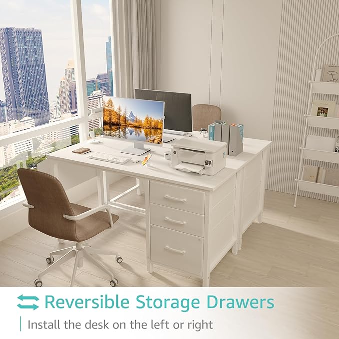 Lufeiya White Desk with File Drawers Cabinet 47 Inch Reversible Computer Desk with Fabric Filing Cabinet for Bedroom Small Space Home Office Modern Writing Table PC Desks White
