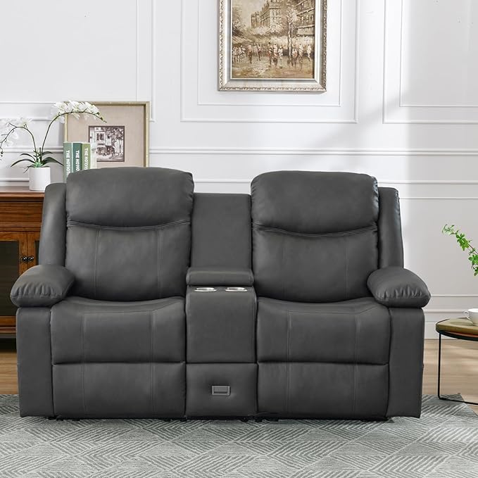 Loveseat Recliner Reclining Sofa with Console Double Reclining Couch 2 Seater Manual Massage Couch for Living Room Office Home Theater(PU-Grey)