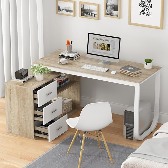 FUFU&ampGAGA 55.1 Large L-Shaped Office Desk with 41.3 File Cabinet Corner Computer Desk with 3 Drawers &amp 2 Shelves Workstation Executive Desk with Storage Shelf for Home Office - Beige