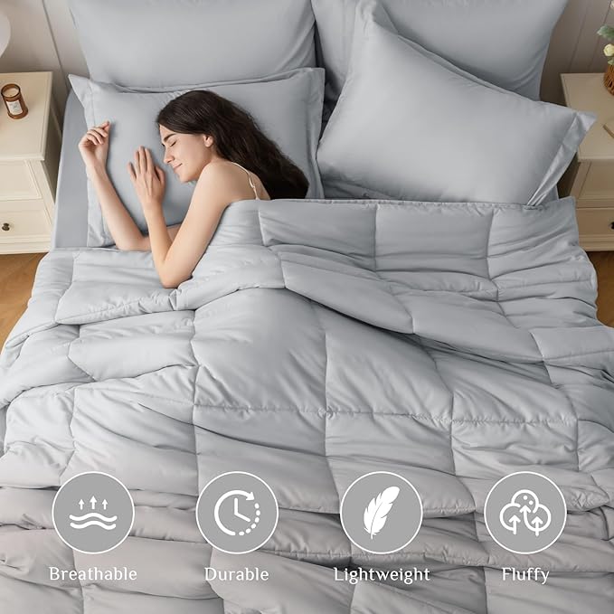 JOLLYVOGUE King Comforter Set Ultra-Soft Bed in a Bag King Size 7 Pieces Oeko-TEX Certified Bedding Set with Down Alternative Comforter Sheets Pillowcases &amp Shams Light Grey