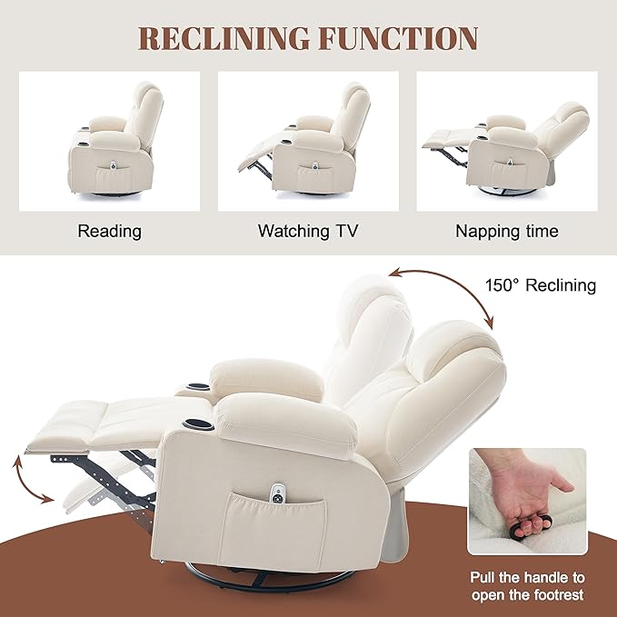 Oversized Swivel Rocker Recliner Chair with Heat and Massage 360 Degree Swivel Rocking Single Sofa with USB Port and Cup Holders Big Recliner Chair for Living Room (Fabric Light Beige)