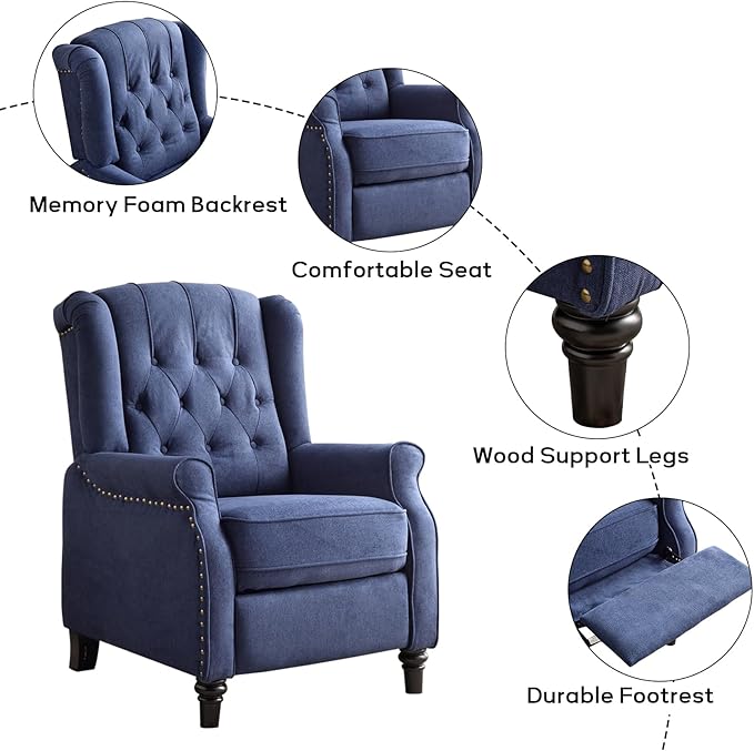 EBELLO 2 Pcs Pushback Recliner Chairs Fabric Armchair Push Back Recliner with Rivet Decoration Single Sofa Accent Chair for Living Room Bedroom Blue