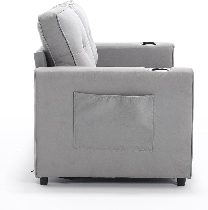 Folding Futon Loveseat Sleeper Sofa Bed with Pullout Couch Bed Comfy Convertible Floor Sofa Bed Cup Holder&amp Side Pockets for Bedroom Living Room Small Space (Light Gray + Cup Holder)