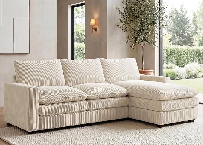 HONBAY 97.6 Inch Corduroy Cloud Modular Sectional Sofa with Chaise Deep Seat L-Shaped Couch with Storage for Living Room Apartment Small SpaceBeige