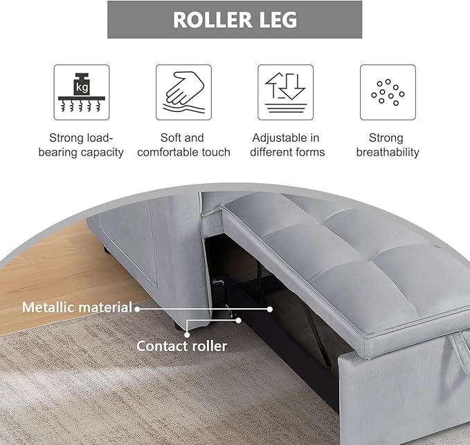 54 Convertible Sofa Bed Velvet Sleeper Sofa with Pull-Out Bed 3-in-1 Futon Couch with Reclining Backrest and Side Pocket Modern Loveseat for Living Room (Silver Grey)