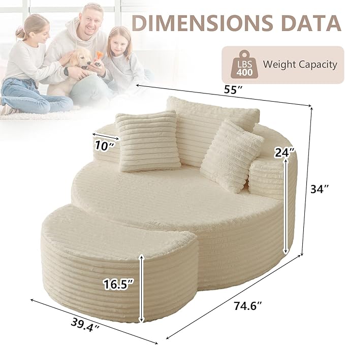 74.6 Oversized Round Chaise Lounge Chair with Ottoman Indoor Fluffy Upholstered Corduroy Deep Seat Large Boneless Circle Couch Sofa Chairs for Living Room Bedroom No Assembly Required White