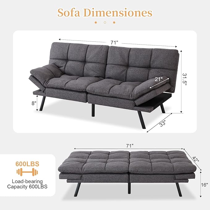 Opoiar Futon Sofa Bed Modern Memory Foam Sleeper Sofa Convertible Grey Couch Adjustable Armrest&ampBackrest Leather Futon for Living SpaceApartmentOffice Sofabed