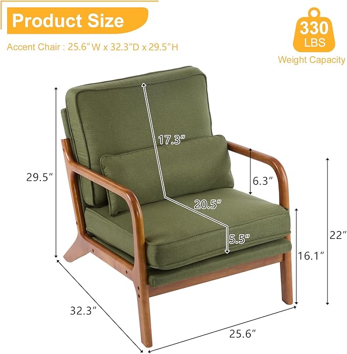 Karl home Accent Chair Mid-Century Modern Chair with Pillow Linen Fabric Upholstered Lounge Arm Chair with Solid Wood Frame &amp Soft Cushion for Living Room Bedroom Balcony Green