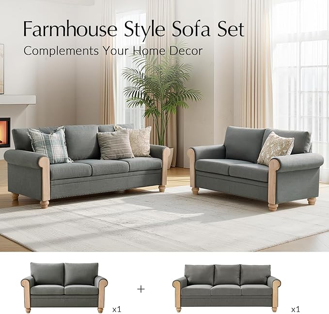 HULALA HOME 60 Farmhouse Loveseat Sofa with Solid Wood Spindle Legs 2 Seater Small Sofa with Rolled Wide Armrests Comfy Upholstered Loveseat Couch with Nailhead Trims Charcoal