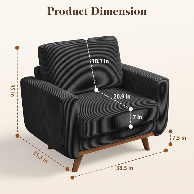 38.5 Black Corduroy Accent Chair Comfy Deep Seat Armchair with Spring Cushion Modern Reading Sofa for Living Room Bedroom