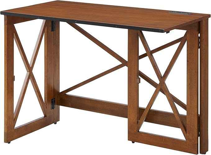 MECO Stakmore 110 Volt Stylish Versatile Expandable Folding Desk with Built in Outlets for Home Office Den or Living Room Fruitwood