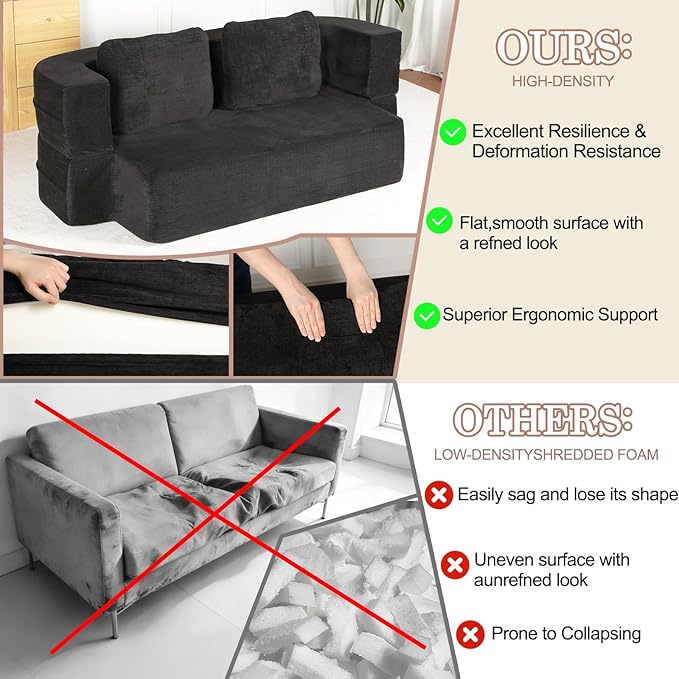 Folding Sofa Bed 78.7 Extra-Long Convertible Sofa Bed with 2 Pillows &amp Blanket 14.6 Thick High-Density Foam Boneless Couch for Bedroom Living Room Apartment Black