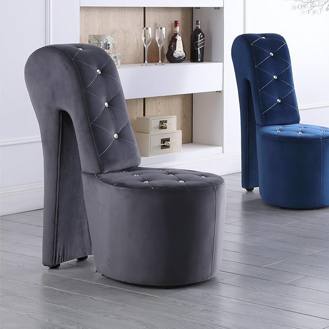 Tristam 40 Modern Glam High Heel Lounge Chair Armless Chair with Upholstered Crystal-Like Buttons and Diamond Stitching Comfortable Indoor Seating for Bedroom Living Room (Grey (Velvet))
