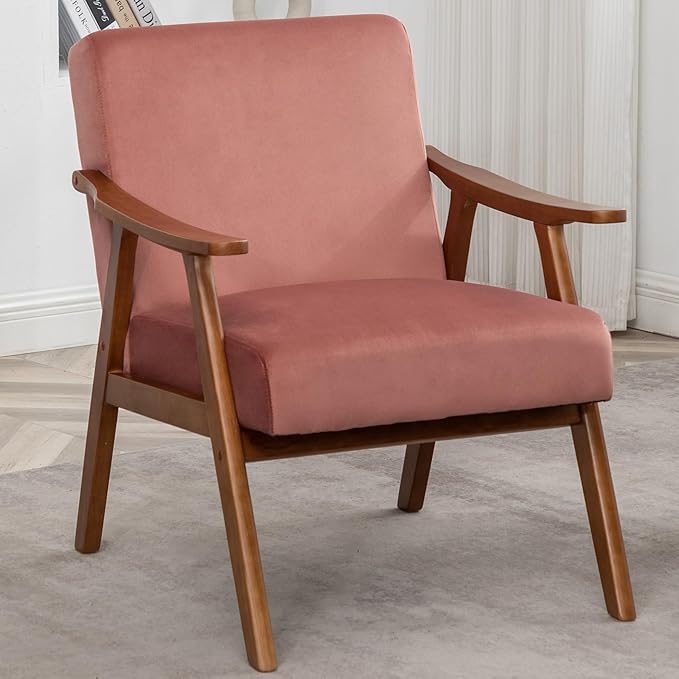 Mid Century Modern Accent Chair Upholstered Armchair Comfy with Wood Legs Siting Chair with Soft Cushion PU Leather Side Chairs for Living Room Bedroom Office (Velvet Rose)