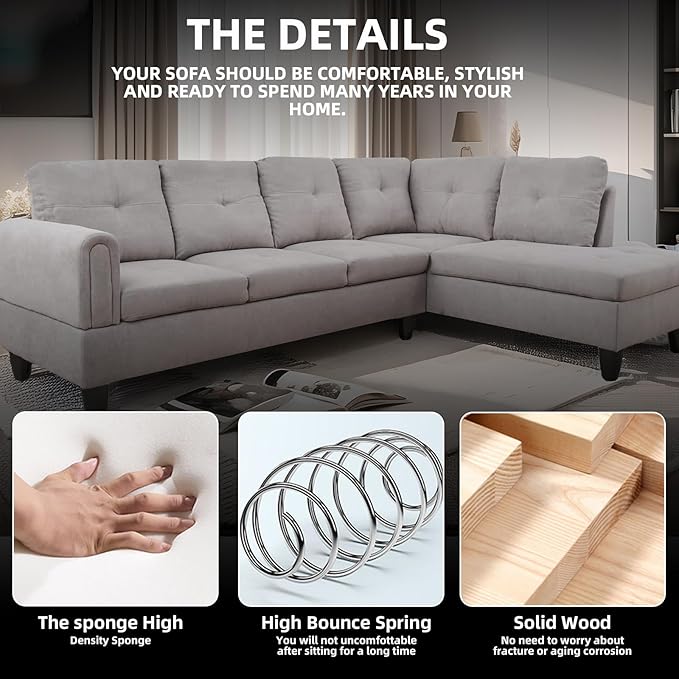 L Shaped Couch Sectional Couches with Chaise Fluffy Fabric 3 Pieces Modular Convertible Sofa for Living Room Furniture Sets and Small Apartment Light Grey