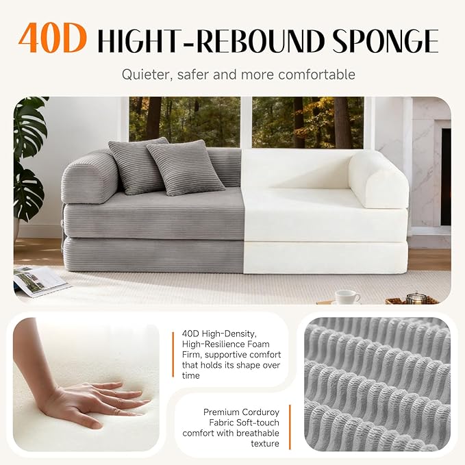 79 Corduroy Sofa Bed Boneless Couch in a Box with 2 Pillows High-Density Foam 4-in-1 Foldable Sleeper Futon Loveseat for Small Spaces No Assembly Side Pockets Light Grey