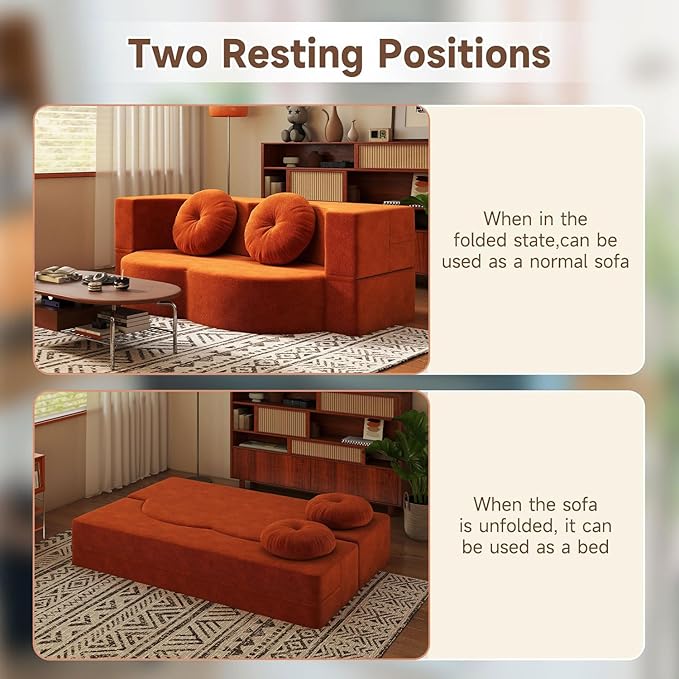 2-in-1 Full Size Convertible Floor Sleeper Couch Sofa Bed78”Folding Boneless Large Futon Loveseat Sofa with 2 Pillows Foam-Filled Compression Guest Couches Bed for Living Room (Orange)