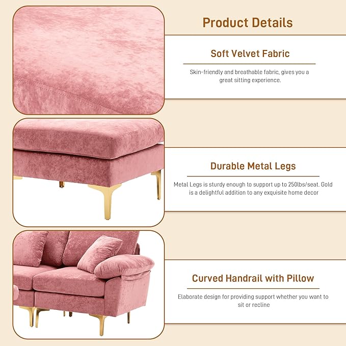 U Shaped Sectional Couch Sofa 114 Convertible L Shaped Sofa with Ottoman &amp Chaise Lounge Modern Oversized Modular 4 Seat Sleeper Sofa Set for Living Room Office Pink Velvet