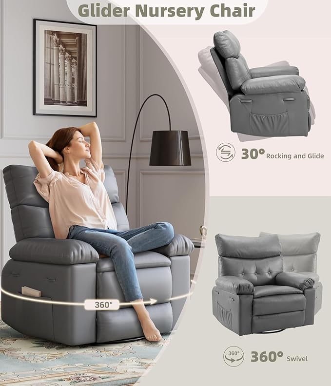 Oversized Wide Rocker Swivel Recliner Chair PU Leather Manual Recliner for Adults Large Nursery Glider Chair with Comfortable Arms &amp Back for Living Room BedroomGray