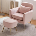 Accent Chair with Ottoman Velvet Wingback Chair with Lumbar Pillow and Footstool Upholstered Single Sofa Chair with Golden Metal Legs Leisure Armchair for Living Room Bedroom Office Pink