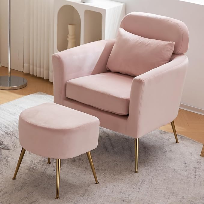 Accent Chair with Ottoman Velvet Wingback Chair with Lumbar Pillow and Footstool Upholstered Single Sofa Chair with Golden Metal Legs Leisure Armchair for Living Room Bedroom Office Pink