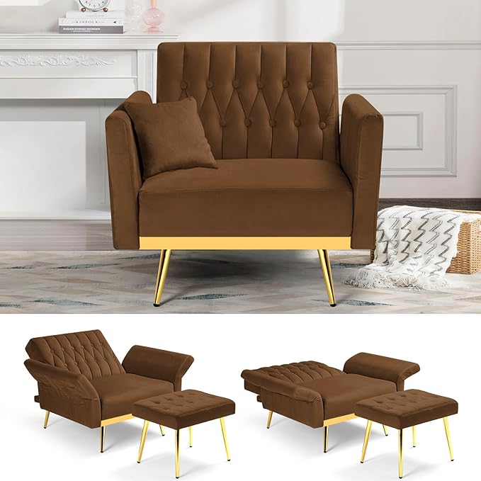 Velvet Accent Chair with Adjustable Backrest and Armrests Single Recliner Armchair with Ottoman and Golden Mental Legs for Living Room Bedroom and Waiting Room Brown