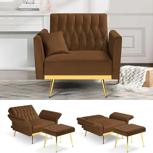 Velvet Accent Chair with Adjustable Backrest and Armrests Single Recliner Armchair with Ottoman and Golden Mental Legs for Living Room Bedroom and Waiting Room Brown