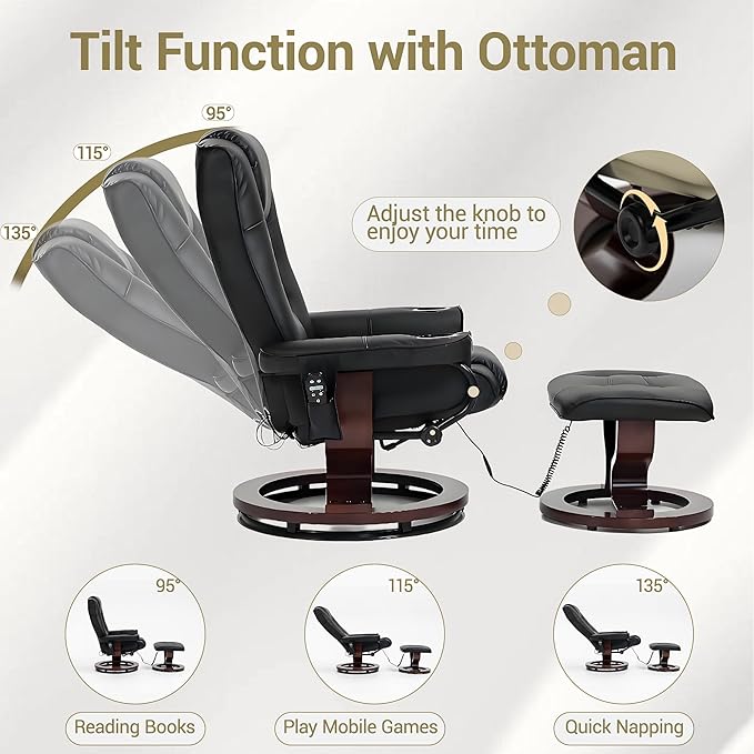 8-Point Massage Recliner with Ottoman Heated PU Leather Reclining Chair w/Solid Wood Base Indoor Lounge TV Chair with Footrest for Living Room and Bedroom Black