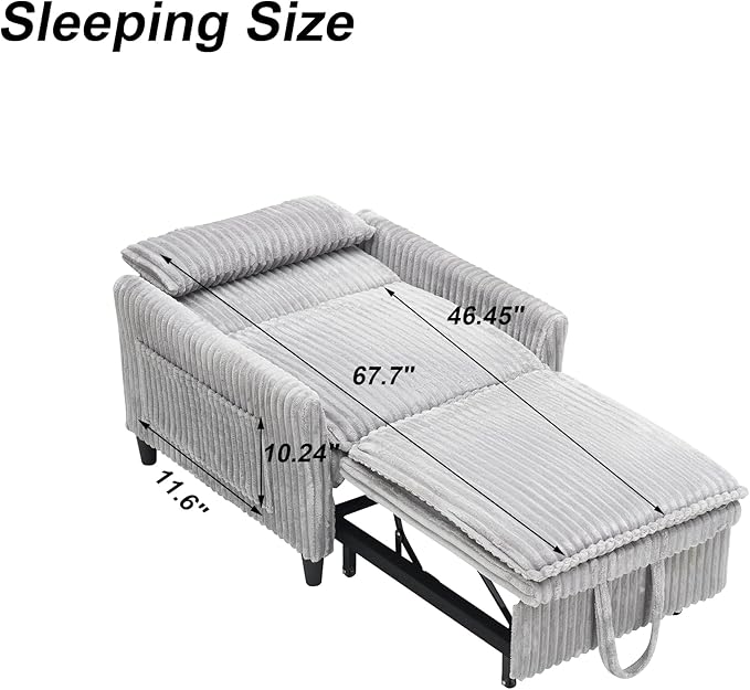 3-in-1 Convertible Sofa Chair BedPull Out Couch Single Sleeper Chair Bedwith Adjustable Backrest with Side Pockets Lounge Sofa for Living Room Bedroom Small Spaces (Gray)