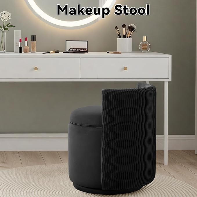 360° Swivel Velvet Vanity Chair with Storage Barrel Makeup Chair with Wave Back No Assembly Vanity Stool Small Accent Chair for Living Room Black