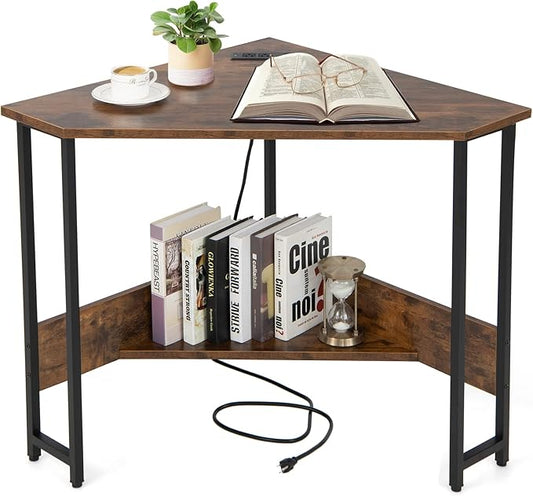 COSTWAY Corner Computer Desk with USB Ports &amp Power Outlet Storage Shelf for Small Space Triangle Steel Frame Corner Desk for Home Office Workstation (Rustic Brown)