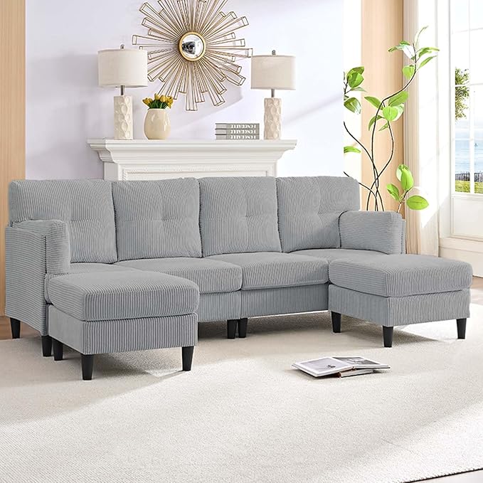 Mjkone Sectional Couch Sofa with Ottoman U Shape Sofa for Living Room Corduroy Convertrible Couches with Double Chaises 6 Seater Sofas for Living Room/Home Office/Guest (Light Grey)