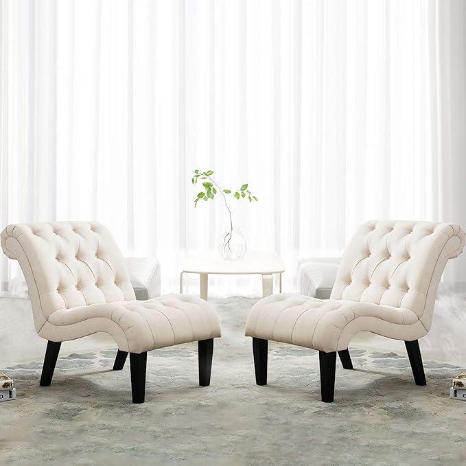 Yongqiang Accent Chairs Set of 2 Mid Century Modern Tufted Upholstered Chair for Living Room Bedroom Curved Armless Side Chairs with Wood Legs Linen Fabric