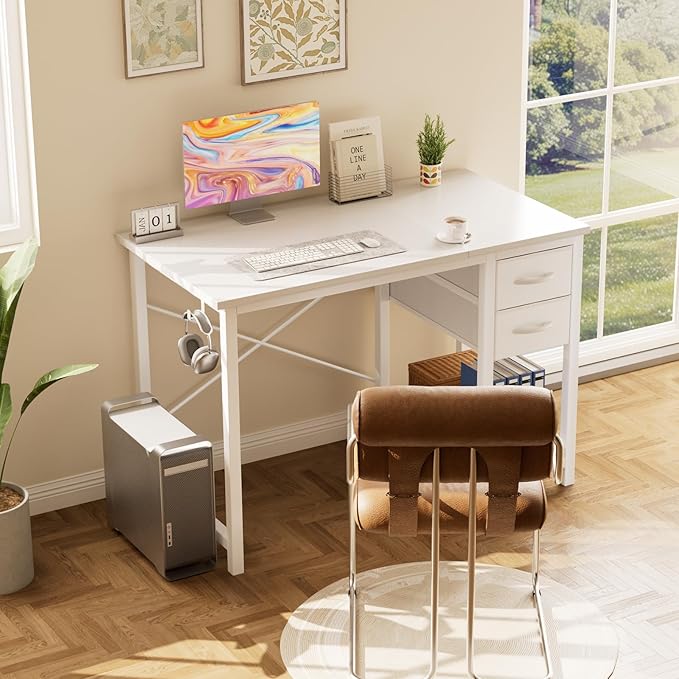 Sweetcrispy 47 Inch Computer Desk with Drawers Home Office Gaming Desk with X-Shaped Reinforcement Modern Wood Study Work Table with Side Hook White