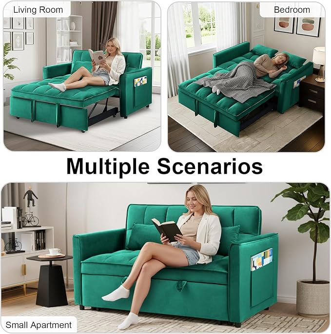 3 in 1 Convertible Sofa Bed Pull Out Couch with Adjustable Backrest Velvet Sleeper Sofa Loveseat with Pillows and Side Pockets for Living Room Bedroom Apartment Green