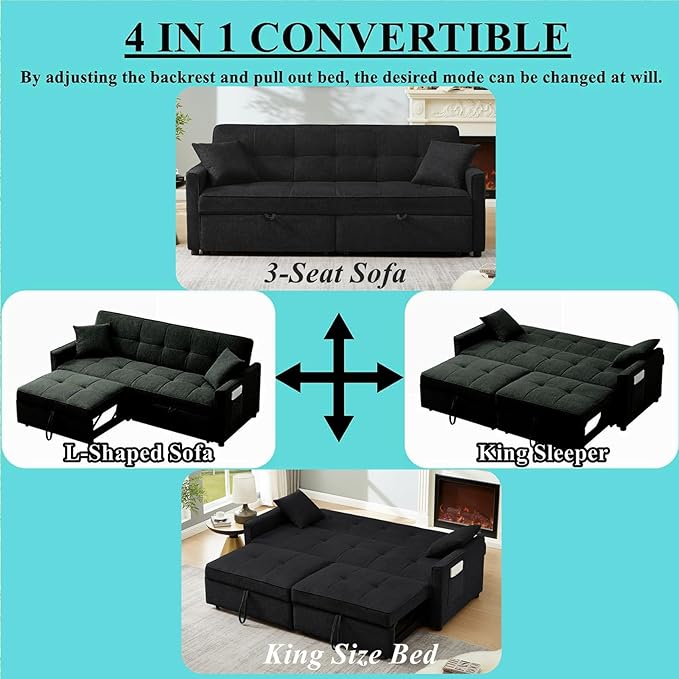 King Size Pull Out Sofa Bed 4-in-1 Convertible Sofa Bed Couch Chenille 3 Seaters Sofa Sleeper with Dual Pull Out Bed &amp Adjustable Backrest for Living Room Black
