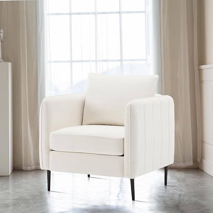Modern Accent ChairSoft Frosted Velvet Armchair Upholstered Accent Club Chair with Meatl LegsComfy Reading Sofa Chair with Wide Armrestsfor Living RoomBedroomReading Room (Ivory)